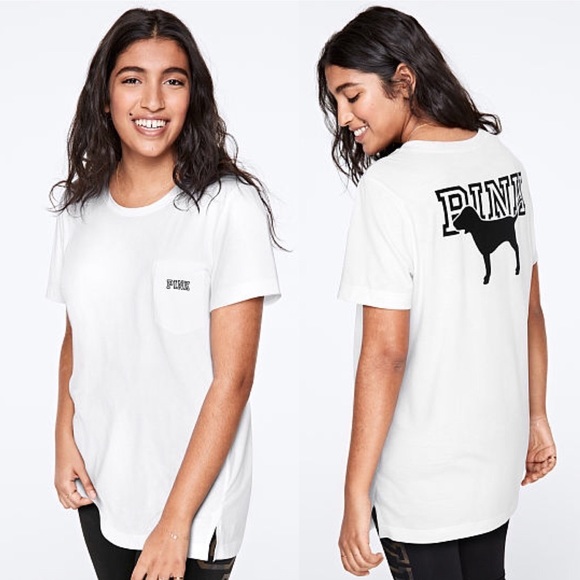 PINK Victoria's Secret Tops - Victoria’s Secret PINK Short Sleeve Campus Tee White w Black Dog Logo Medium NEW